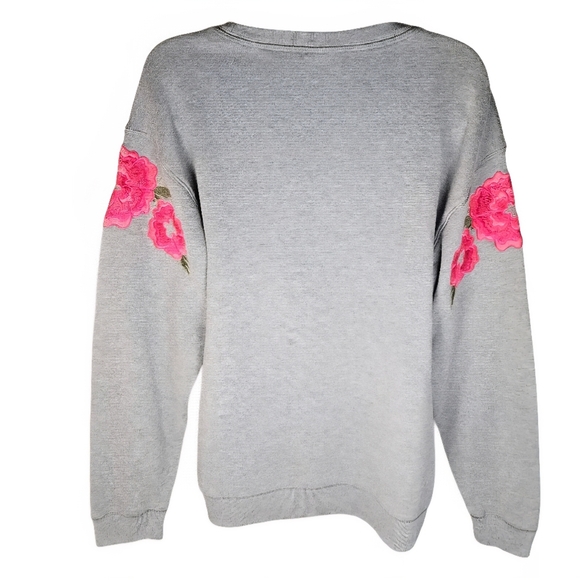 Victoria's Secret PINK Embroidered Flower Sleeve Pullover Sweatshirt Grey Medium - Picture 3 of 15